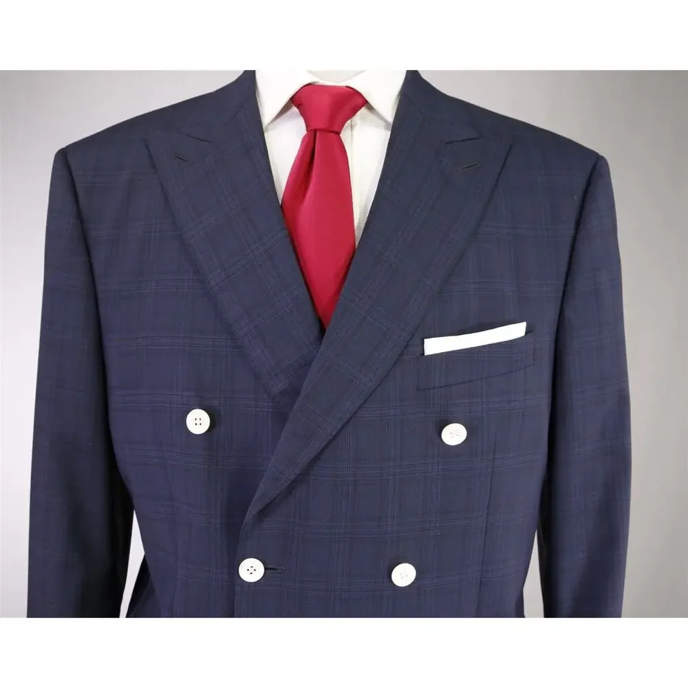 Peter Millar Navy Blue Black Plaid Check Black Double Breasted Wool Suit 44R